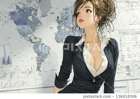 Businesswoman standing against the backdrop of a world map and AI network Global strategy concept 136818306