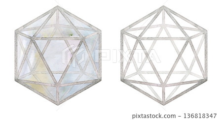 Minimal glass and silver vessel, metal wireframe planter, terrarium structure, icosahedron crystal shape. Isolated illustration hand drawn in watercolor. Interior design, creative agency presentation. 136818347