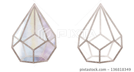 Wireframe gold or copper metal planter, lantern, sculpture. Polygonal teardrop shape, glass panels. Isolated hand drawn watercolor illustration. Contemporary home styling, architectural presentations Wireframe gold or copper metal planter, lantern, sculpture. Polygonal teardrop shape, glass panels. Isolated hand drawn watercolor illustration. Contemporary home styling, architectural presentations 136818349