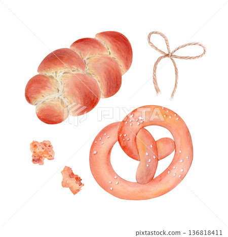 Braided bread loaf, salted pretzel, rope bow and crumbs watercolor hand-painted illustration isolated on white. Rustic food elements perfect for packaging, menu design and branding. Bakery collection 136818411