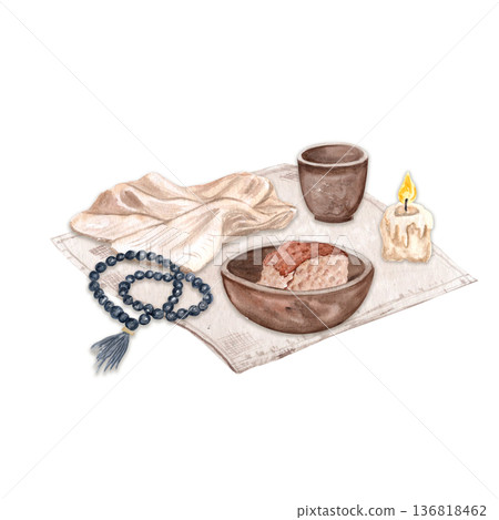 Rosary beads, folded burial cloth, burning candle, clay cup and bowl with bread watercolor isolated on white. Perfect for Ash Wednesday, Holy Week, church media, sermons, posters, faith-based design 136818462