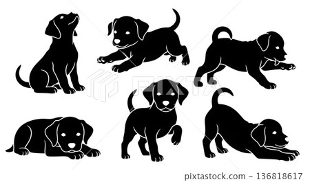 Black Solid Cute Puppy Poses Silhouettes Set of Six on White Background 136818617