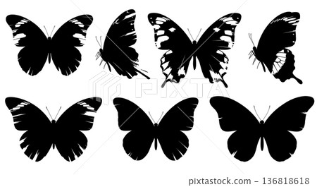 Black Solid Damaged Wing Butterfly Silhouettes Set of Six on White Background 136818618