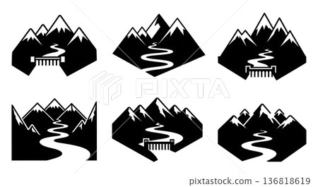 Black Solid Dam River Mountain Silhouettes Set of Six on White Background 136818619