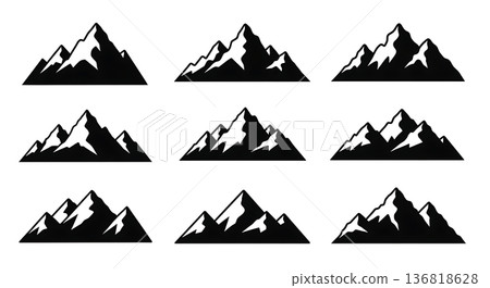 Black Solid Delicate Mountain Silhouettes Set of Six on White Background Black Solid Delicate Mountain Silhouettes Set of Six on White Background 136818628