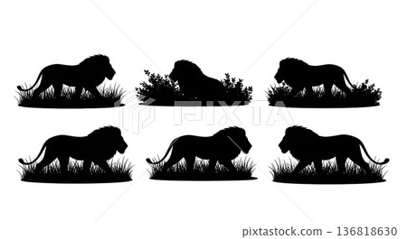 Black Solid Dense Bush Stalk Lion Silhouettes Set of Six on White Background 136818630