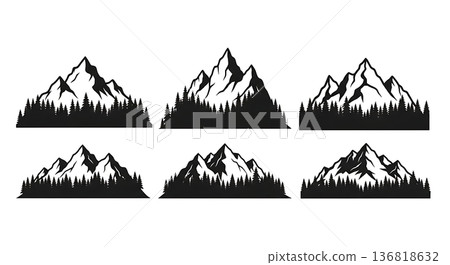 Black Solid Dense Forest Mountain Silhouettes Set of Six on White Background 136818632