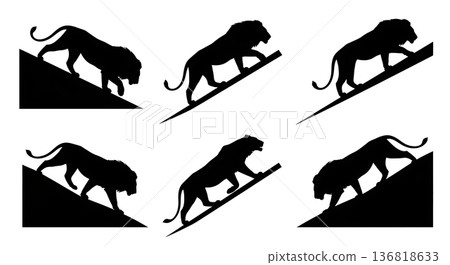 Black Solid Descending Slope Lion Silhouettes Set of Six on White Background 136818633
