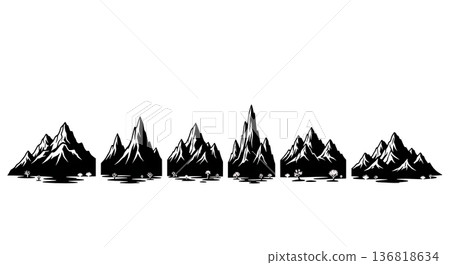 Black Solid Desert Mountain Silhouettes Set of Six on White Background Black Solid Desert Mountain Silhouettes Set of Six on White Background 136818634