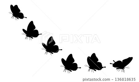 Black Solid Diagonal Descent Butterfly Silhouettes Set of Six on White Background 136818635