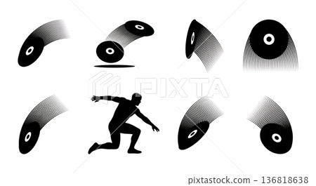 Black Solid Discus In Flight Silhouettes Set of Six on White Background Black Solid Discus In Flight Silhouettes Set of Six on White Background 136818638
