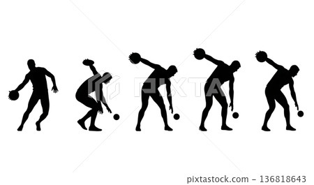 Black Solid Discus Throw Core Rotation Exercises Silhouettes Set of Six on White Background Black Solid Discus Throw Core Rotation Exercises Silhouettes Set of Six on White Background 136818643