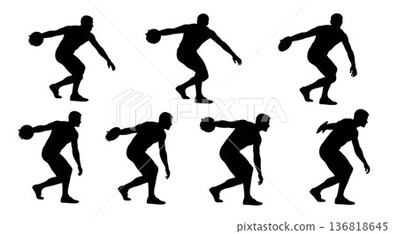 Black Solid Discus Thrower Double Support Silhouettes Set of Six on White Background Black Solid Discus Thrower Double Support Silhouettes Set of Six on White Background 136818645