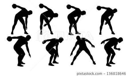 Black Solid Discus Thrower Dynamic Warm-up Sequences Silhouettes Set of Six on White Background 136818646