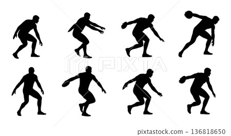 Black Solid Discus Thrower Body Alignment Silhouettes Set of Six on White Background Black Solid Discus Thrower Body Alignment Silhouettes Set of Six on White Background 136818650