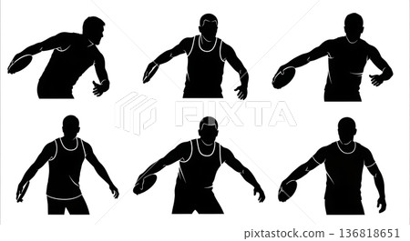 Black Solid Discus Thrower Breathing Exertion Silhouettes Set of Six on White Background 136818651