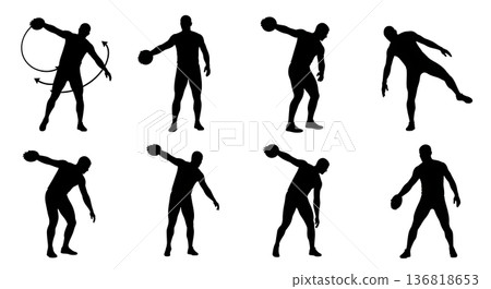 Black Solid Discus Thrower Circle Approach Silhouettes Set of Six on White Background Black Solid Discus Thrower Circle Approach Silhouettes Set of Six on White Background 136818653