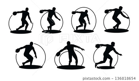 Black Solid Discus Thrower Circle Boundary Silhouettes Set of Six on White Background 136818654