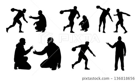 Black Solid Discus Thrower Coaching Silhouettes Set of Six on White Background Black Solid Discus Thrower Coaching Silhouettes Set of Six on White Background 136818656