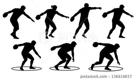 Black Solid Discus Thrower Deep Concentration Silhouettes Set of Six on White Background Black Solid Discus Thrower Deep Concentration Silhouettes Set of Six on White Background 136818657