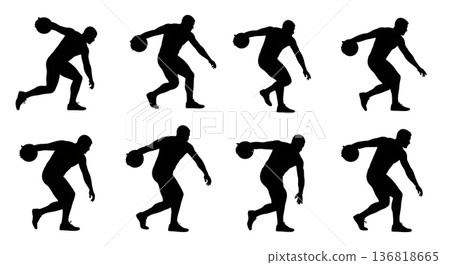 Black Solid Discus Thrower Ground Lift-off Silhouettes Set of Six on White Background Black Solid Discus Thrower Ground Lift-off Silhouettes Set of Six on White Background 136818665