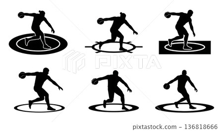 Black Solid Discus Thrower High-Angle View Silhouettes Set of Six on White Background Black Solid Discus Thrower High-Angle View Silhouettes Set of Six on White Background 136818666