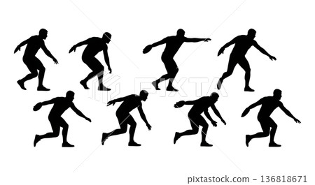 Black Solid Discus Thrower Lead Leg Block Silhouettes Set of Six on White Background 136818671