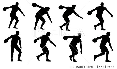 Black Solid Discus Thrower Low-Angle Power Silhouettes Set of Six on White Background Black Solid Discus Thrower Low-Angle Power Silhouettes Set of Six on White Background 136818672