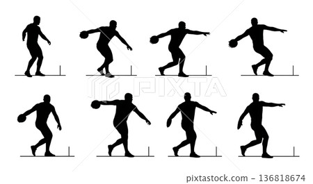 Black Solid Discus Thrower Measurement Line Silhouettes Set of Six on White Background 136818674