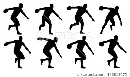 Black Solid Discus Thrower Mid-Air Release Silhouettes Set of Six on White Background 136818675