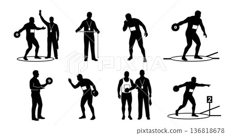 Black Solid Discus Thrower Officials Interaction Silhouettes Set of Six on White Background 136818678