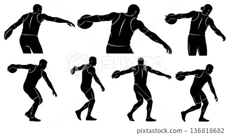 Black Solid Discus Thrower Rear View Silhouettes Set of Six on White Background 136818682