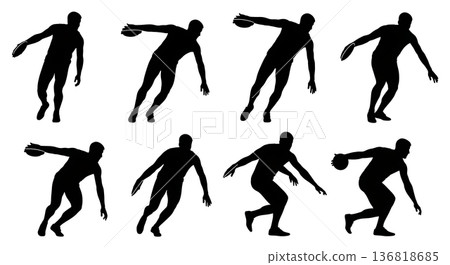 Black Solid Discus Thrower Reverse Throw Silhouettes Set of Six on White Background 136818685