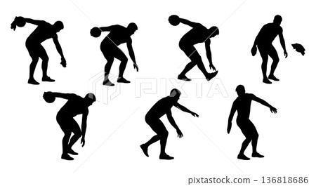 Black Solid Discus Thrower Rituals & Superstitions Silhouettes Set of Six on White Background Black Solid Discus Thrower Rituals & Superstitions Silhouettes Set of Six on White Background 136818686