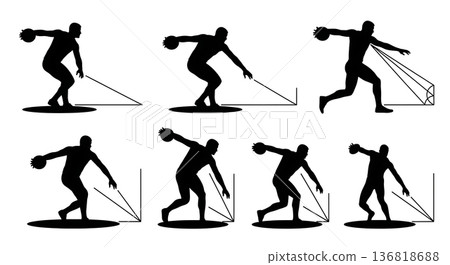 Black Solid Discus Thrower Sector Lines Silhouettes Set of Six on White Background 136818688