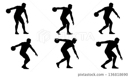 Black Solid Discus Thrower Spectator Low-Angle Silhouettes Set of Six on White Background Black Solid Discus Thrower Spectator Low-Angle Silhouettes Set of Six on White Background 136818690