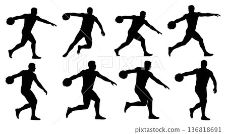 Black Solid Discus Thrower Speed & Acceleration Silhouettes Set of Six on White Background 136818691