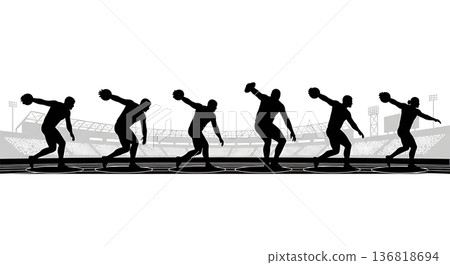 Black Solid Discus Thrower Stadium Silhouettes Set of Six on White Background 136818694