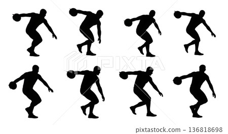 Black Solid Discus Thrower Throwing Stances Silhouettes Set of Six on White Background 136818698