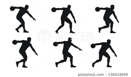 Black Solid Discus Thrower Training Attire Silhouettes Set of Six on White Background Black Solid Discus Thrower Training Attire Silhouettes Set of Six on White Background 136818699