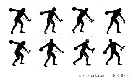 Black Solid Discus Thrower Worm's-Eye View Silhouettes Set of Six on White Background Black Solid Discus Thrower Worm's-Eye View Silhouettes Set of Six on White Background 136818704