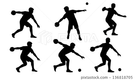 Black Solid Youth Discus Thrower Silhouettes Set of Six on White Background 136818705
