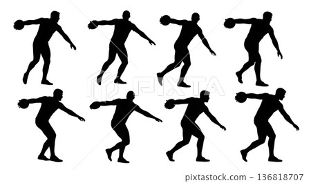 Black Solid Discus Thrower Follow-through Variations Silhouettes Set of Six on White Background 136818707