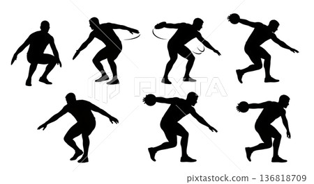 Black Solid Discus Thrower Ground Force Application Silhouettes Set of Six on White Background 136818709