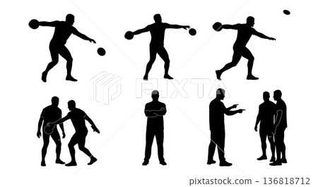 Black Solid Discus Throw Partner/Team Drills Silhouettes Set of Six on White Background 136818712