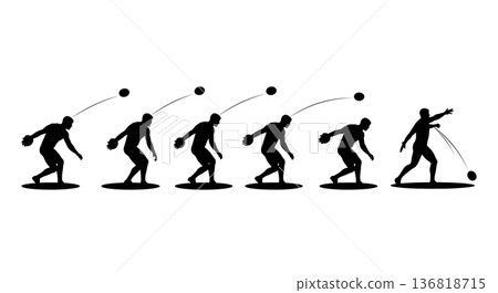 Black Solid Discus Thrower Release Angle & Trajectory Silhouettes Set of Six on White Background Black Solid Discus Thrower Release Angle & Trajectory Silhouettes Set of Six on White Background 136818715