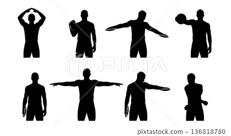 Black Solid Discus Thrower Shoulder & Chest Flexibility Silhouettes Set of Six on White Background 136818780