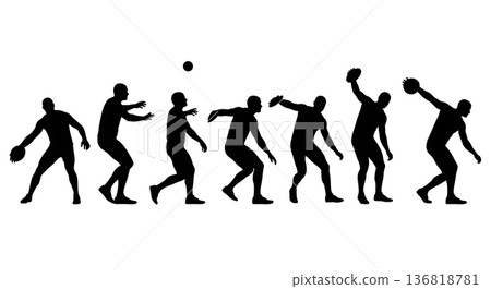 Black Solid Discus Thrower Smooth Entry Spin Silhouettes Set of Six on White Background 136818781