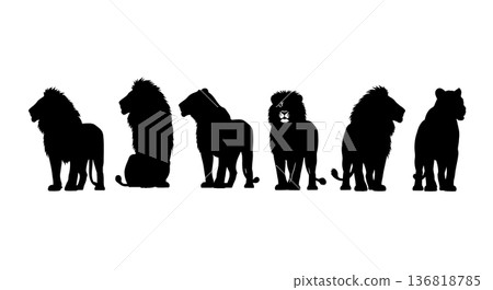 Black Solid Distant Watch Lion Silhouettes Set of Six on White Background 136818785