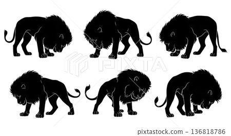 Black Solid Distressed Lion Silhouettes Set of Six on White Background 136818786